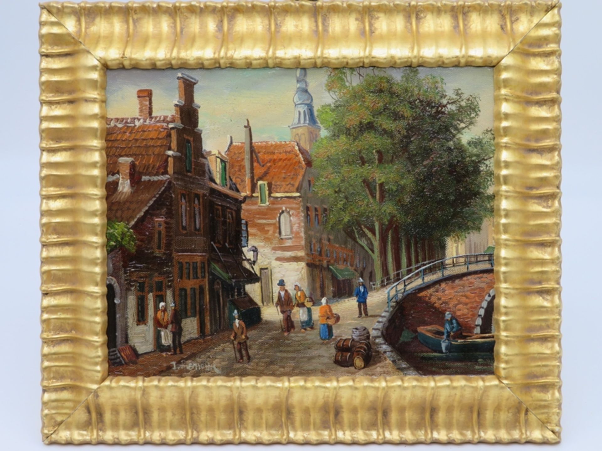 Riemsdijk, "Niederländische Gassenansicht", li.u.sign., Öl/Leinwand, 19 x 45 cm, R. [28 x 33 cm]