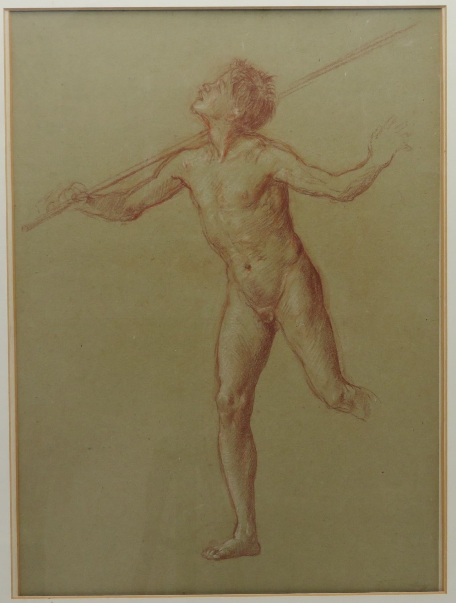 Unbekannt, um 1900, "Männlicher Akt", Rötel Weiß gehöht, 39 x 28,5 cm, R. [56 x 46 cm]