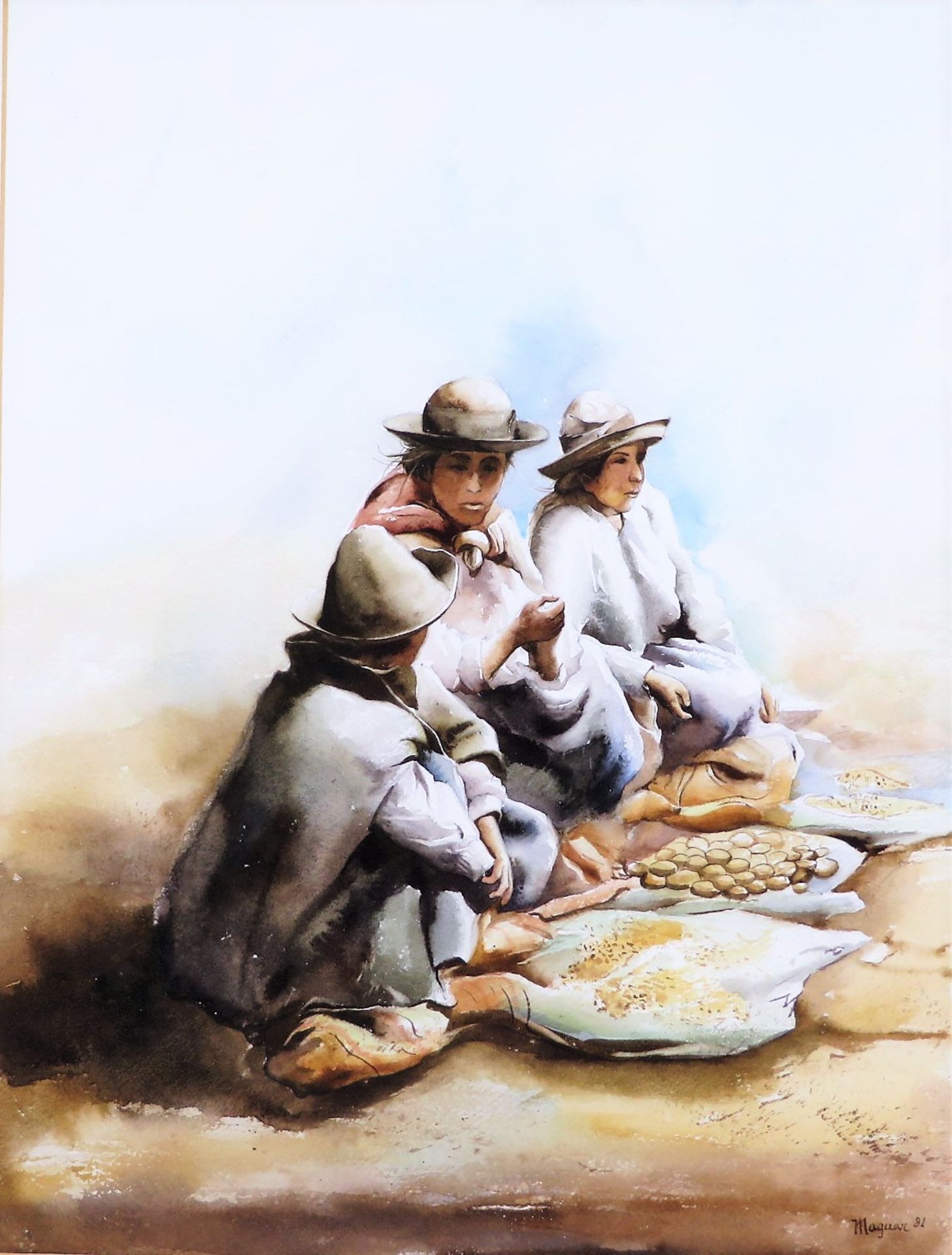 Maguan/Maguar/Maguaz, wohl Peruanischer Maler, "Drei Frauen auf dem Markt", re.u.sign.u.dat. (19)81