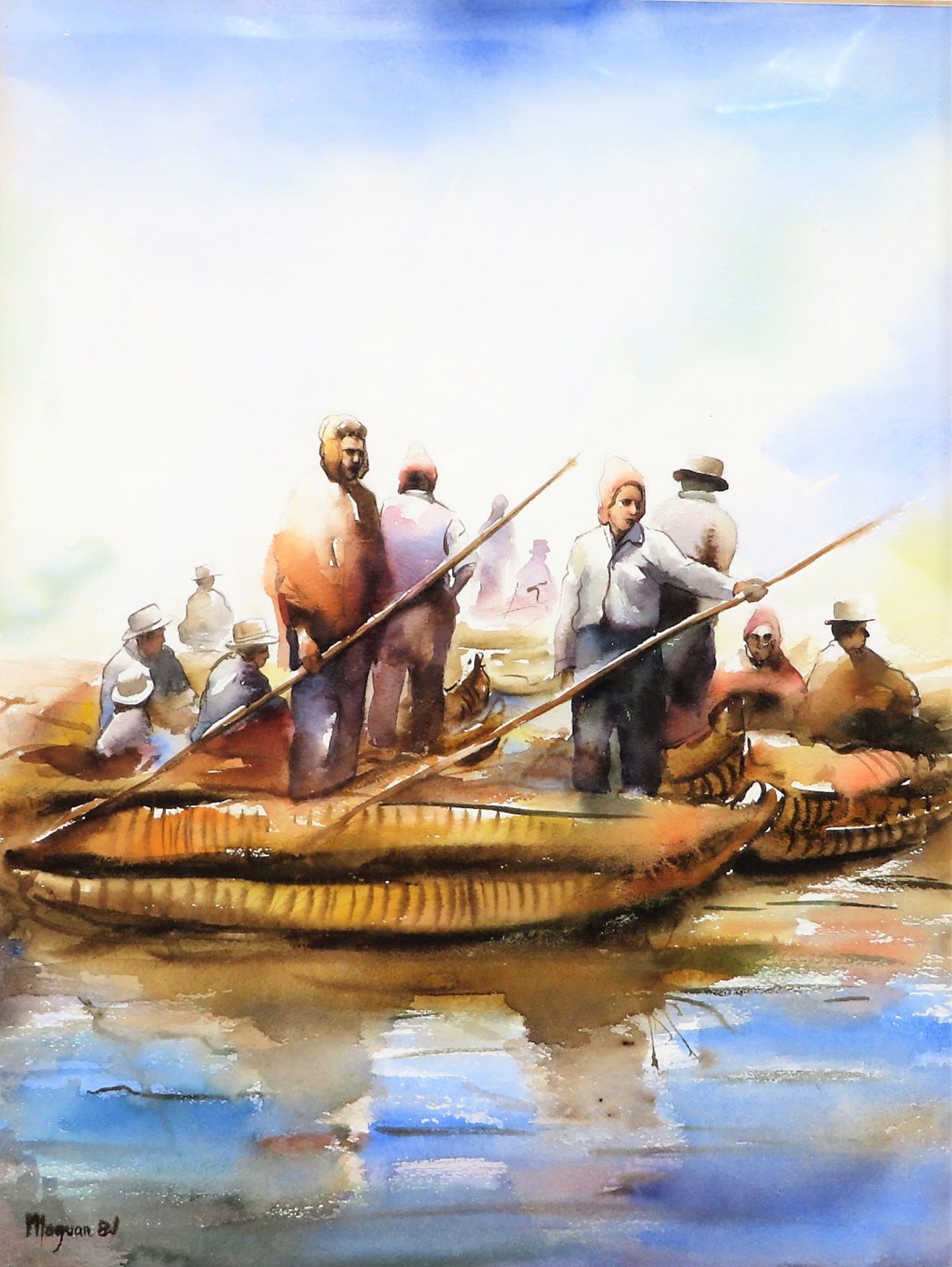 Maguan/Maguar/Maguaz, wohl Peruanischer Maler, "Fischer mit ihren Booten", re.u.sign.u.dat. (19)81,