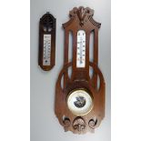Jugendstil- Barometer und kleines Thermometer, um 1910 und 1940, jeweils Eiche,