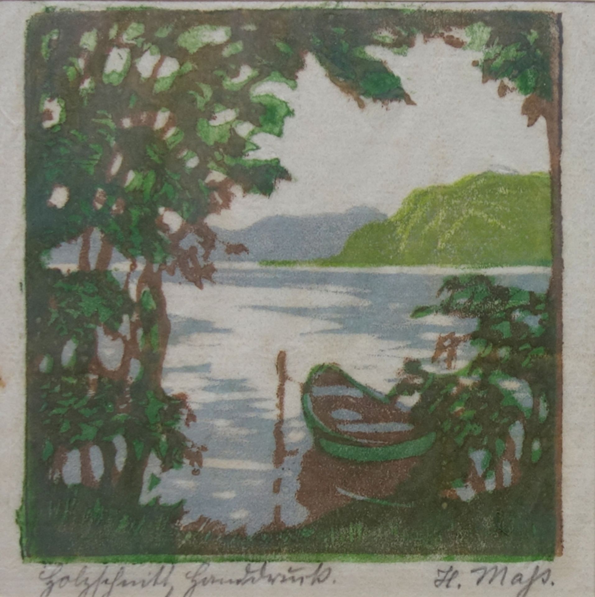 Helene Maß (1871, Schönlanke - 1955, Berlin), "Uferlandschaft", Farbholzschnitt