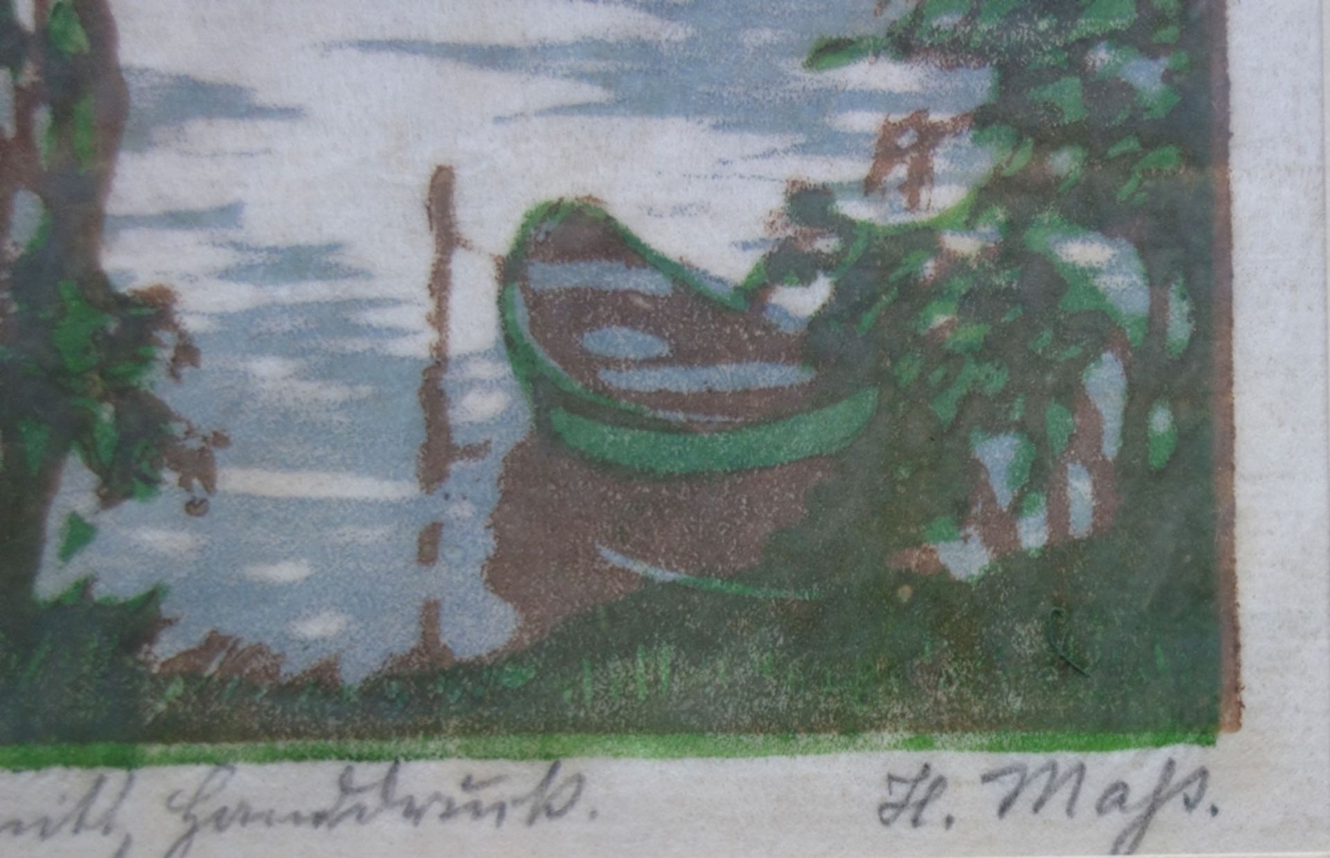 Helene Maß (1871, Schönlanke - 1955, Berlin), "Uferlandschaft", Farbholzschnitt - Image 2 of 2