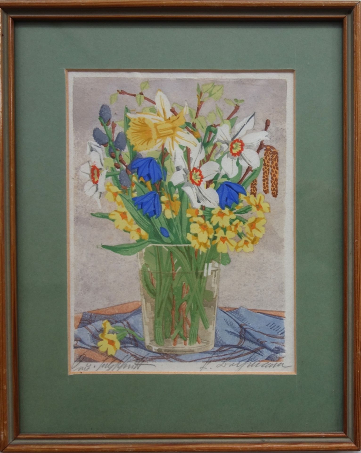 F(ranz) Bochmann, "Frühlingsblumenstrauß", um 1920, Farbholzschnitt, unten rech - Image 2 of 3