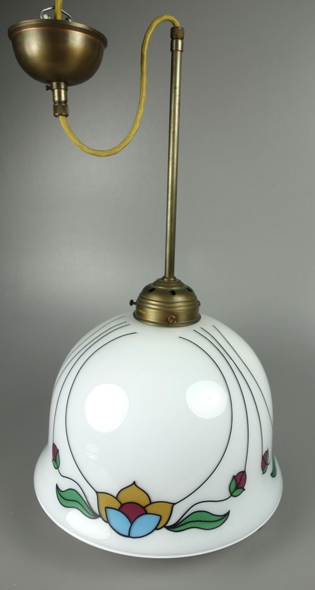 Deckenlampe, Milchglasschirm mit Blumendekor im Jugendstil, Antik-Sieger, 2.Häl