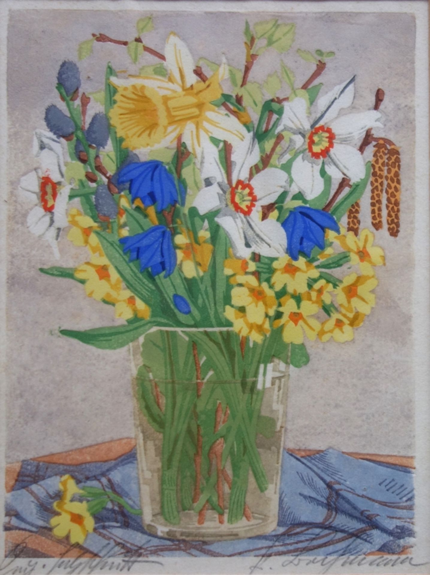 F(ranz) Bochmann, "Frühlingsblumenstrauß", um 1920, Farbholzschnitt, unten rech