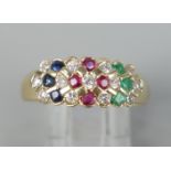 Ring mit 13 Brillanten, total ca.0,24ct, 4 Rubine, 3 Smaragde, 3 Saphire, 585er