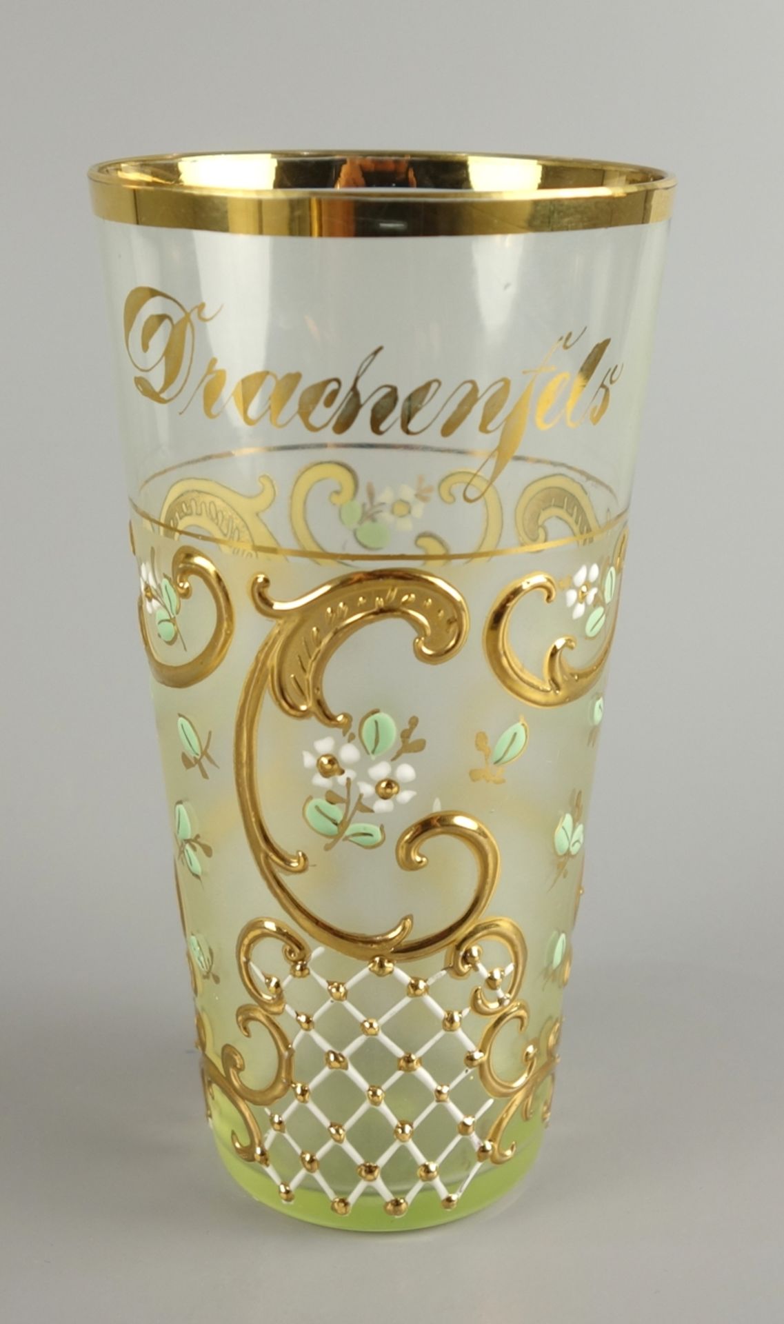 Souvenirglas "Drachenfels", 1920er Jahre, konisch, Stand mit Abriss, Sand lindg