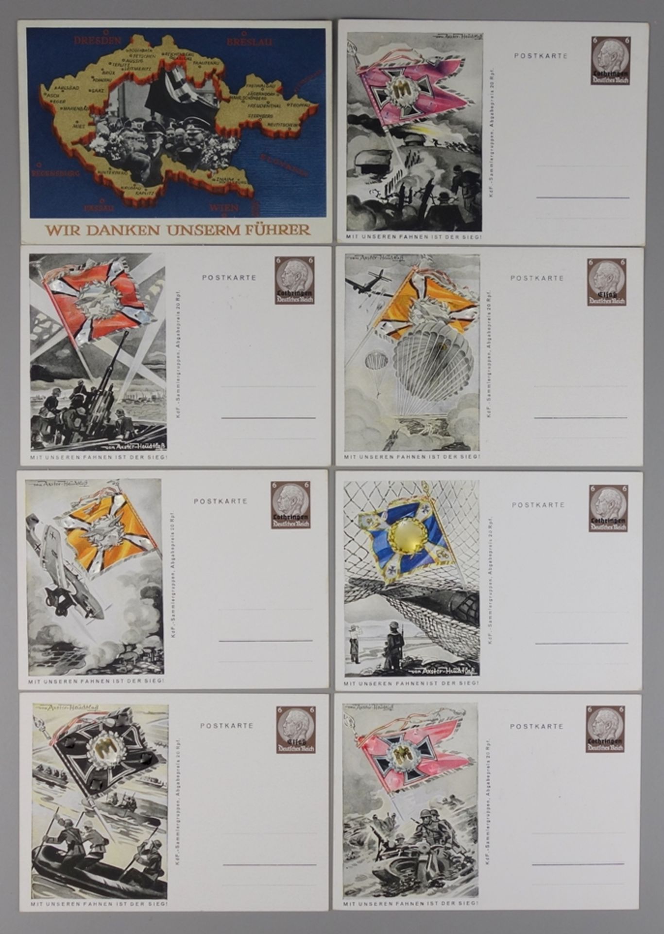 8 Propaganda- Postkarten, ungelaufen, WK II, 7* KdF Sammlergruppen, Axster Heud