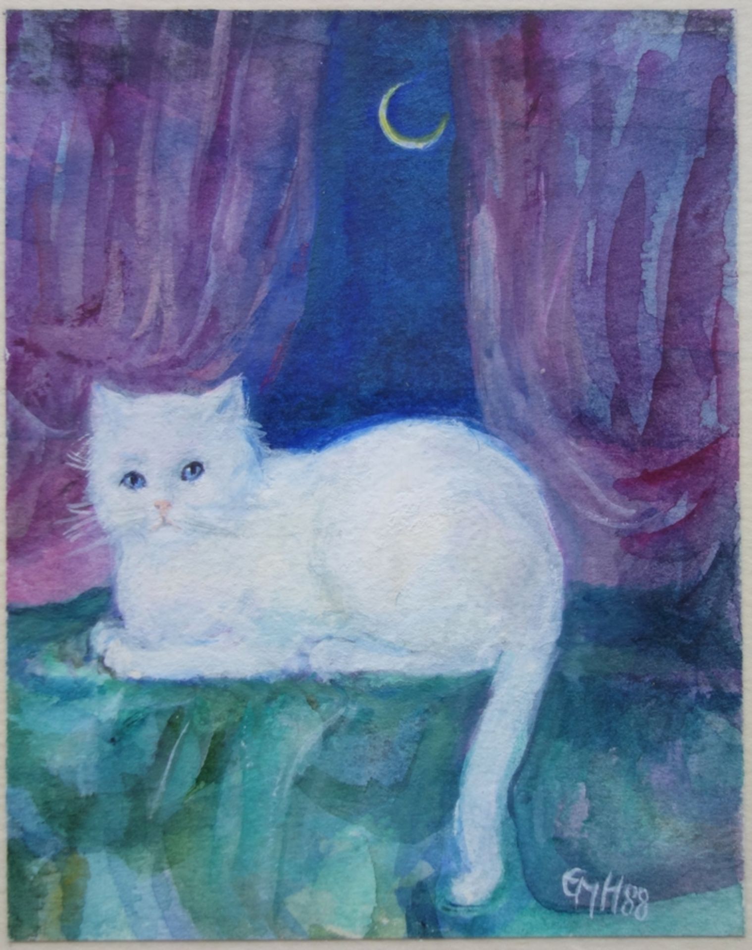 Eva-Maria Heseler (1920 - 2016, Schönebeck), "Katze im Mondschein", 1988, Aquar