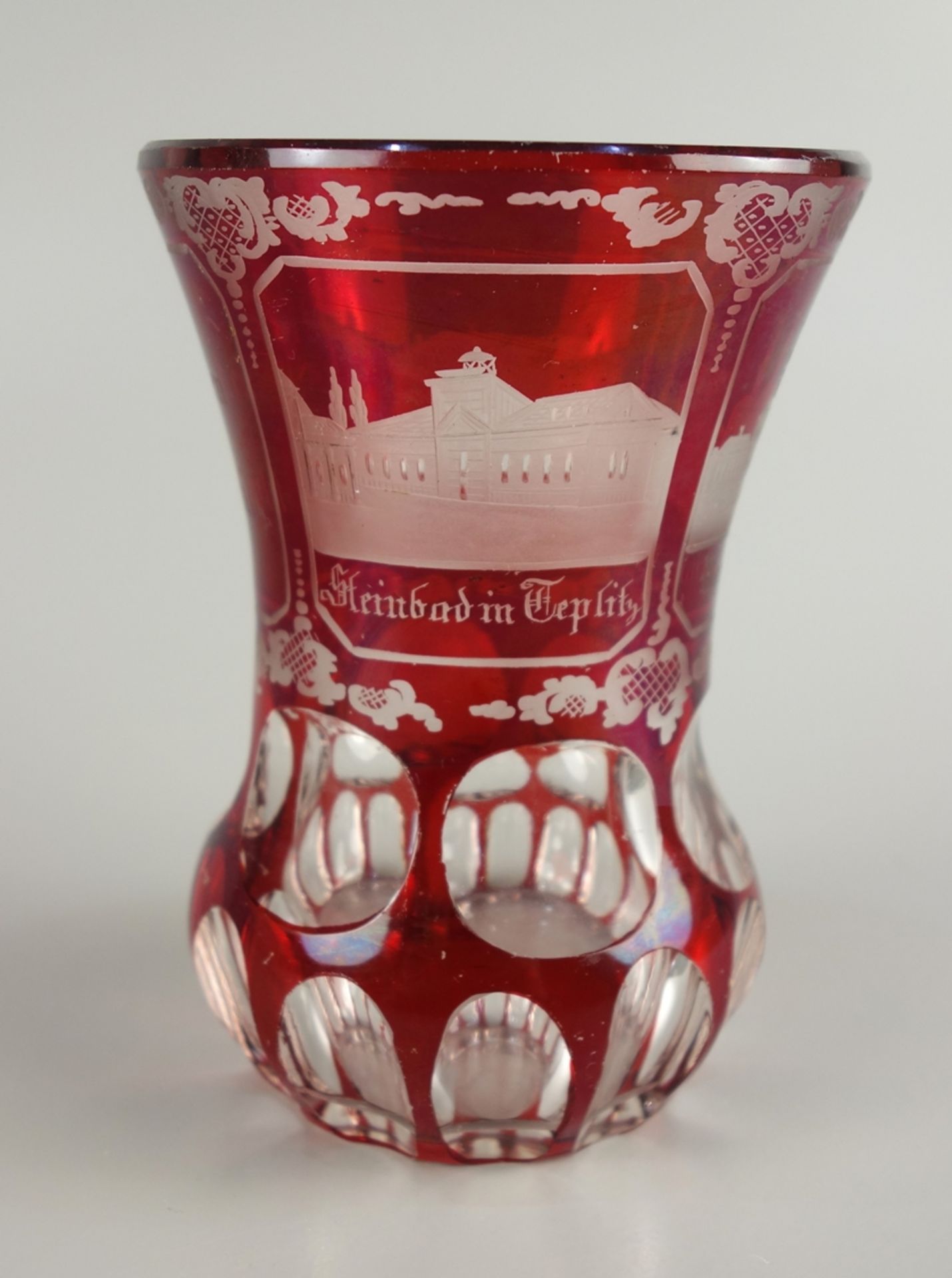 Souvenirvase "Teplitz", Böhmen um 1890, Rubinätze, Wandung mit Schälschliff und - Bild 3 aus 3