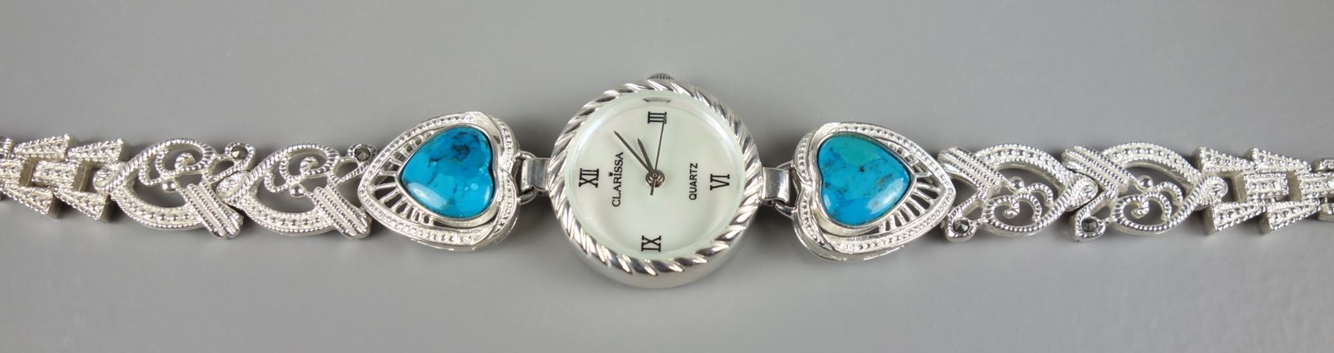 Damenarmbanduhr "Clarissa", 925er Silber, Armband mit Türkisbesatz, Perlmuttzif - Bild 2 aus 2