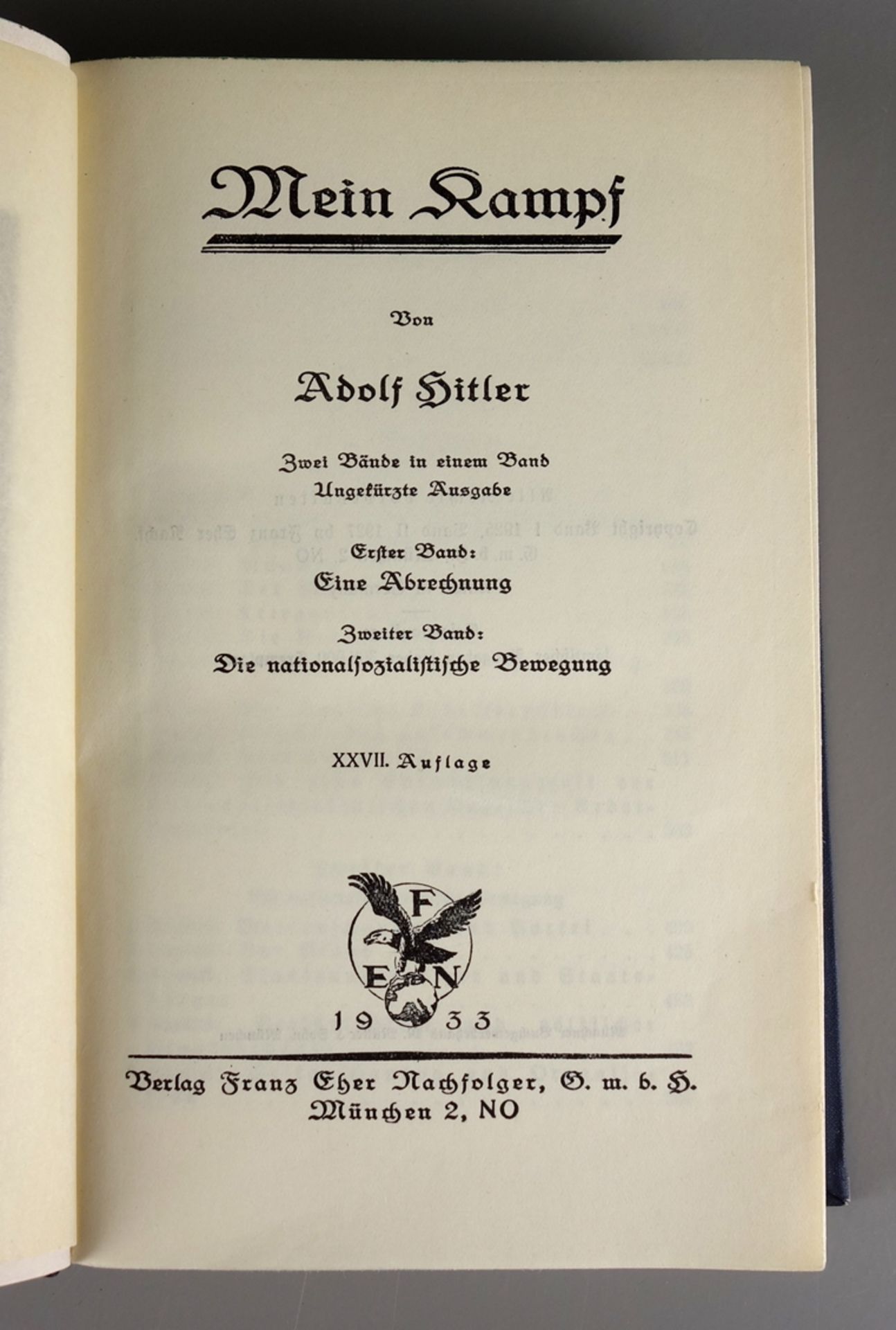 Mein Kampf, Adolf Hitler, 1933, XXVII.Auflage, 2 Bände in einem Band, ungekürzt - Image 2 of 3