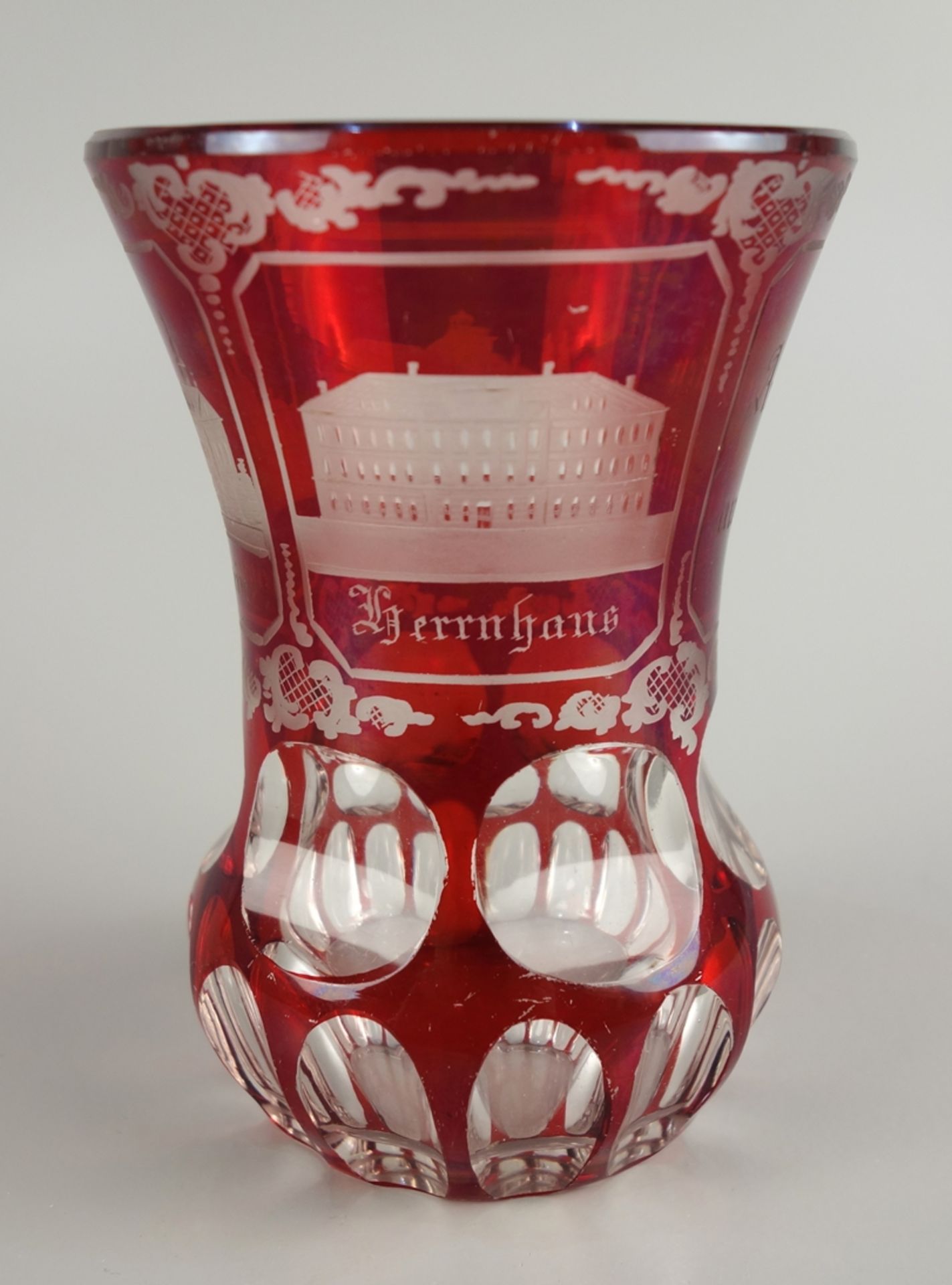 Souvenirvase "Teplitz", Böhmen um 1890, Rubinätze, Wandung mit Schälschliff und - Bild 2 aus 3