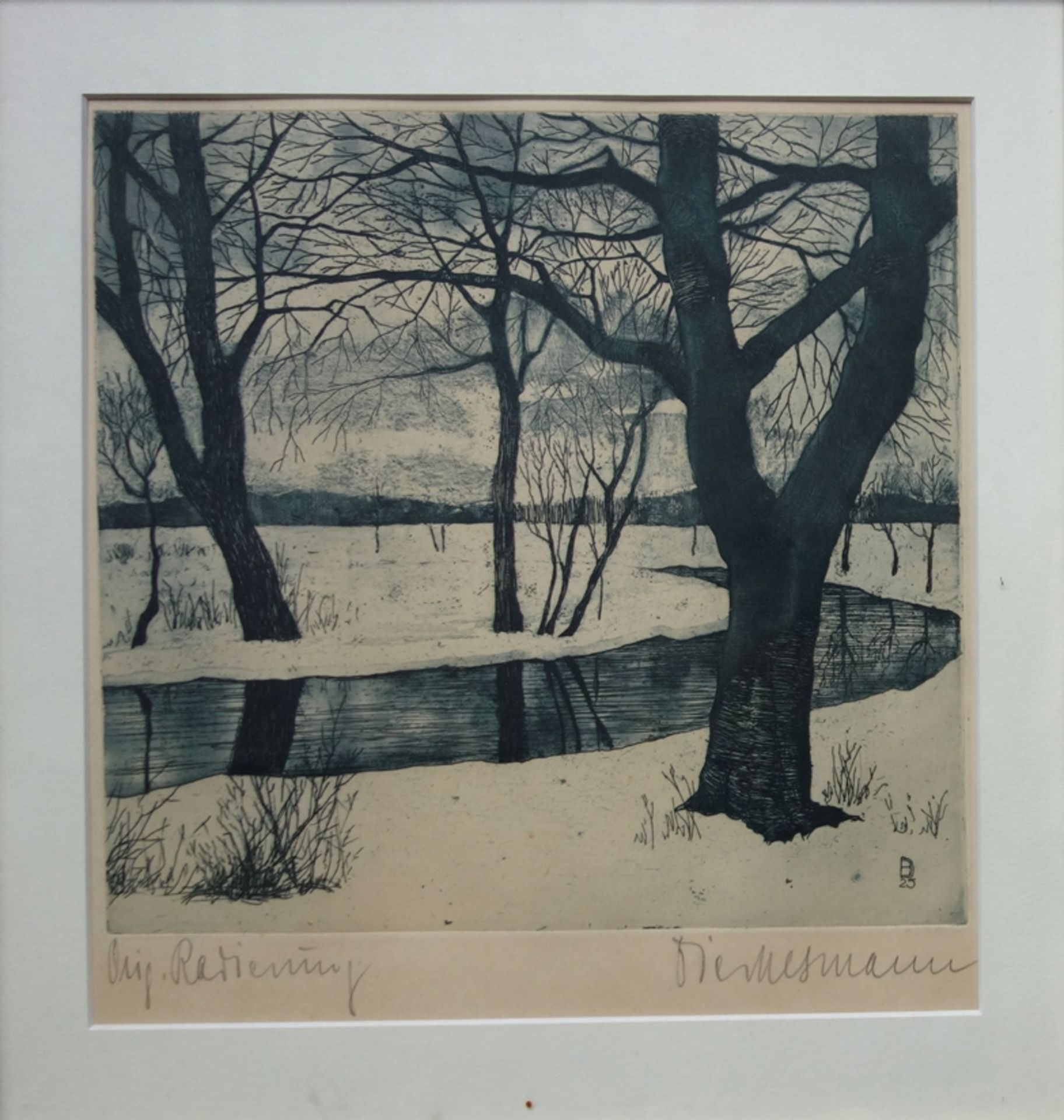 monogrammiert BD, "Winterliche Uferlandschaft", 1925, Radierung, in der Platte
