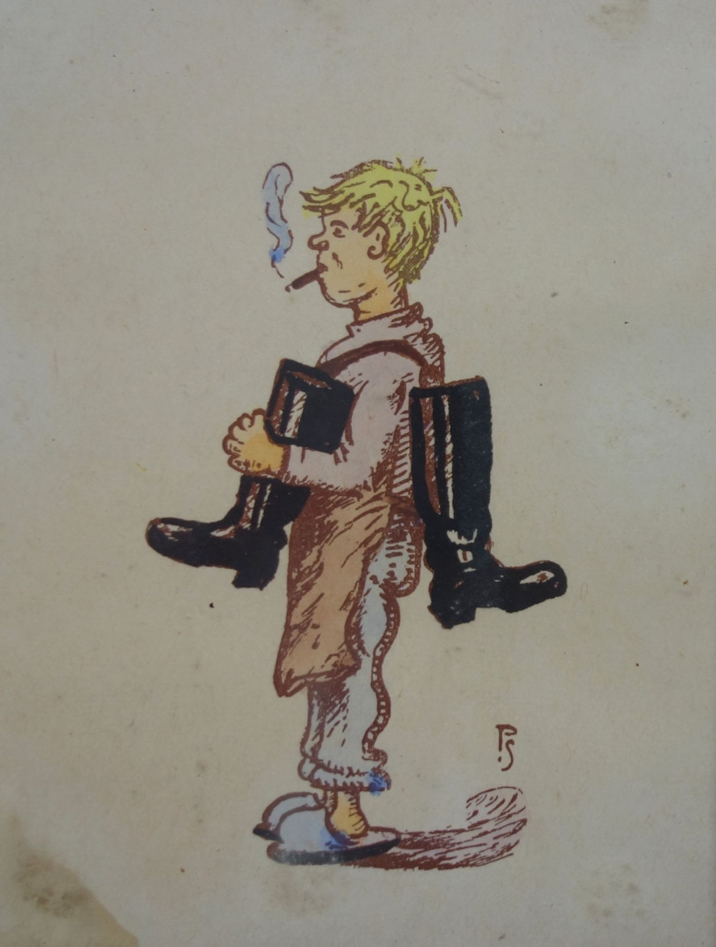 Karikaturist PS "Schusterjunge", kolorierte Lithografie, um 1930, u.r. monogram