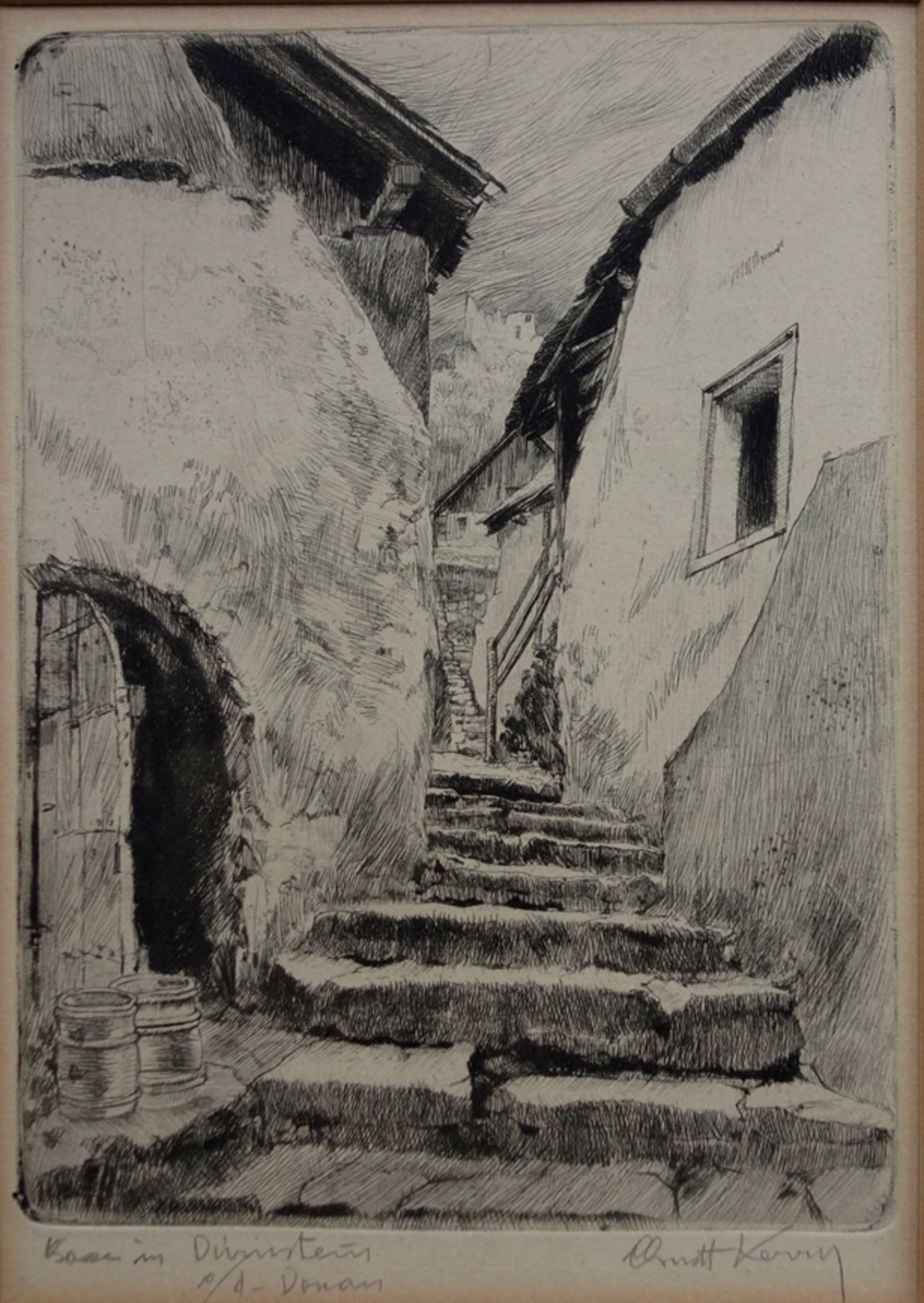 undeutlich signiert, "Gasse in Dürnstein an der Donau", um 1900, Radierung, unt