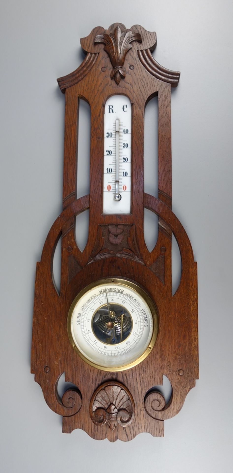 Jugendstil- Barometer und kleines Thermometer, um 1910 und 1940, jeweils Eiche, - Image 2 of 3