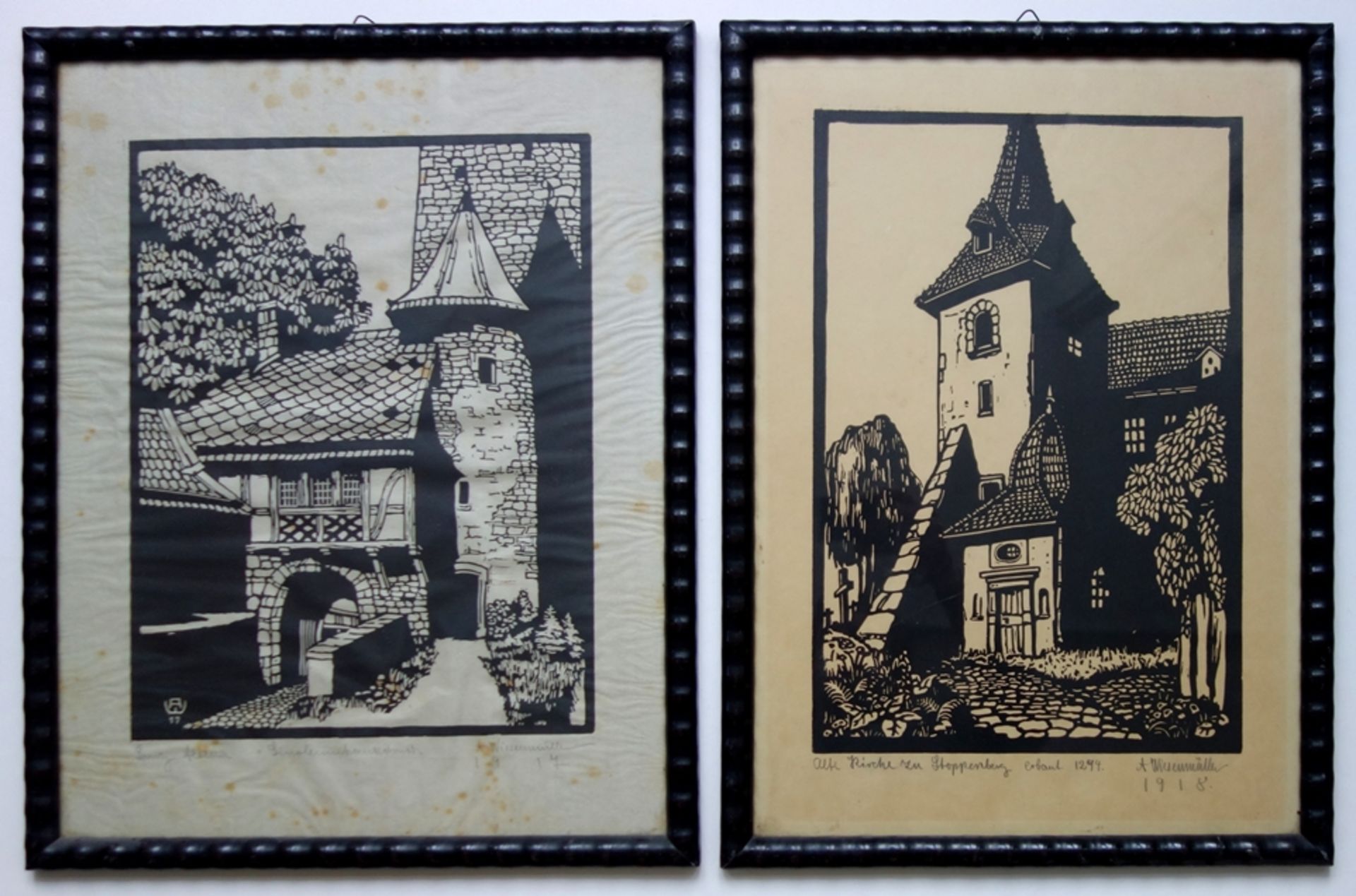 A. Wiesenmüller, 2 Linolschnitte "Alte Kirche zu Stoppenberg" und "Burg Altena"