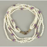 Süßwasserperlenkette mit kleinen Amethyst-Kugelndreistrangig, Karabinerverschluss, L.45cm