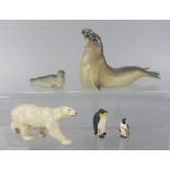 5 arktische Wildtiere, Lineol, überwiegend 4. Generation, 1950er JahreEisbär, 2 Pinguine, Se