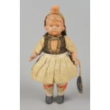 kleine Puppe, Schildkröt "Inge", Original-Kleidung und Etikett, VorkriegH.14,5cm, leichte Al