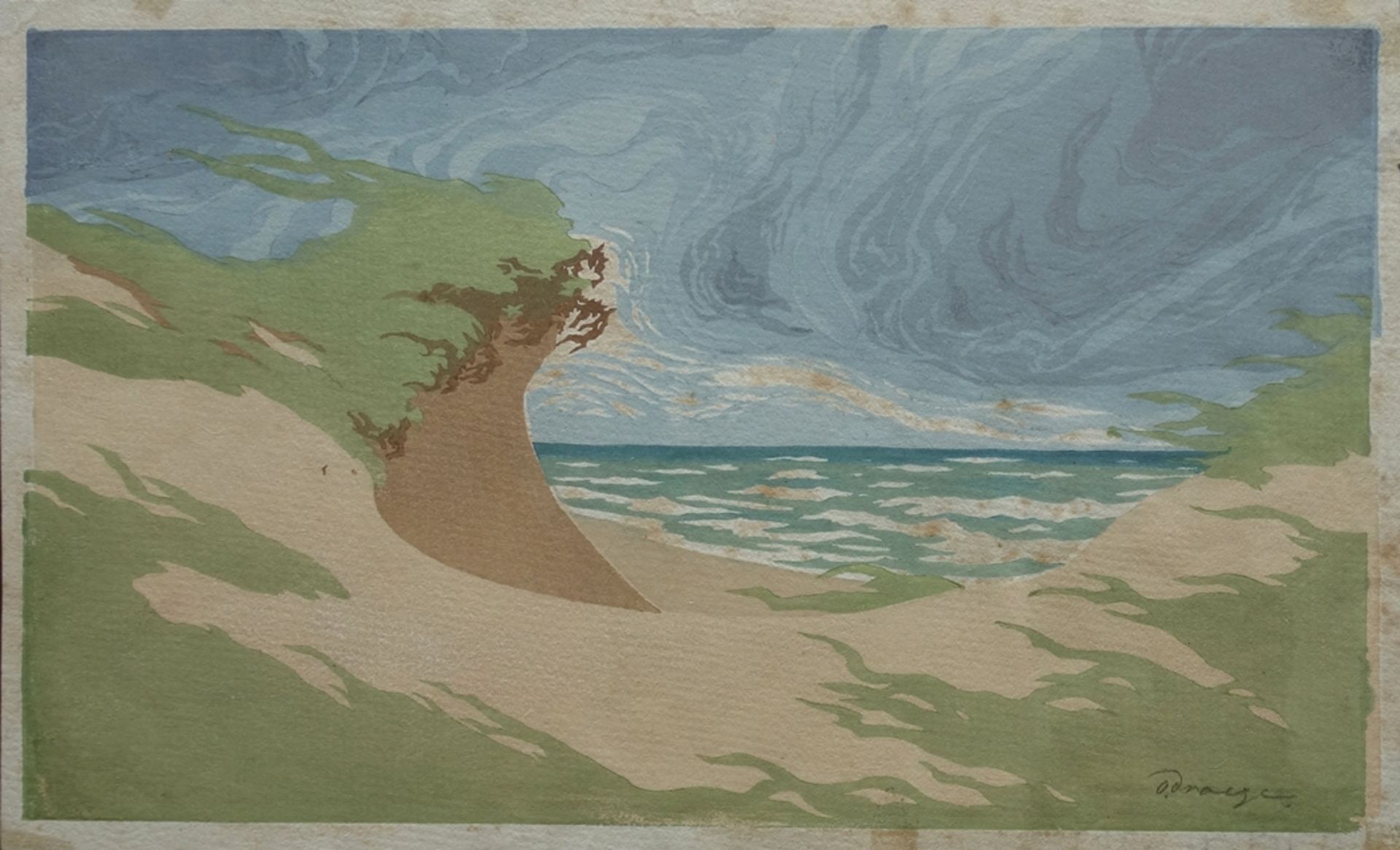 Oscar Droege (1898, Hamburg - 1983, ibid.), "Dune with Sea View", c. 1930, colour woodcut