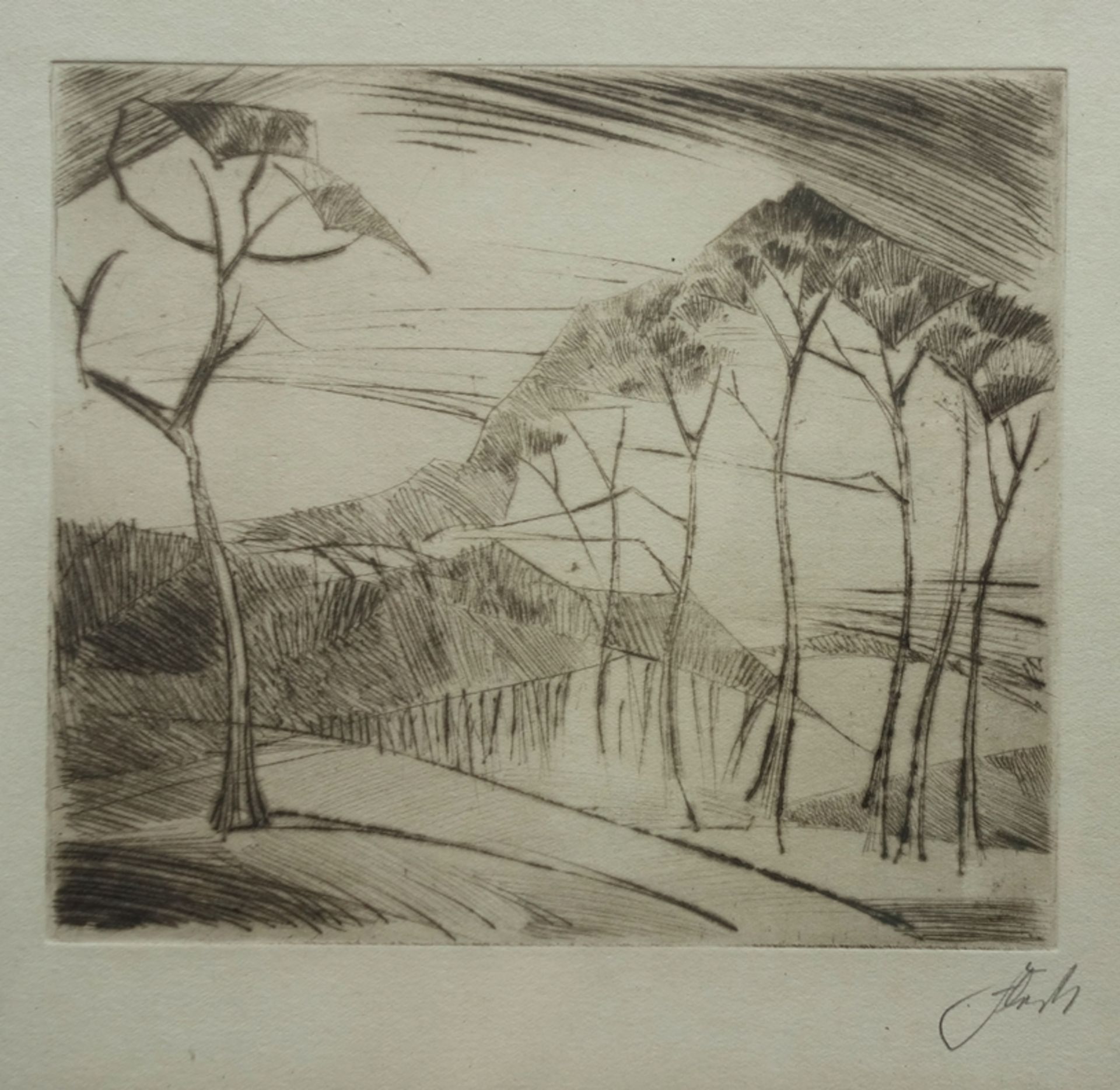 undeutlich signiert, "Kubistische Landschaft", 1930er Jahre, Radierung