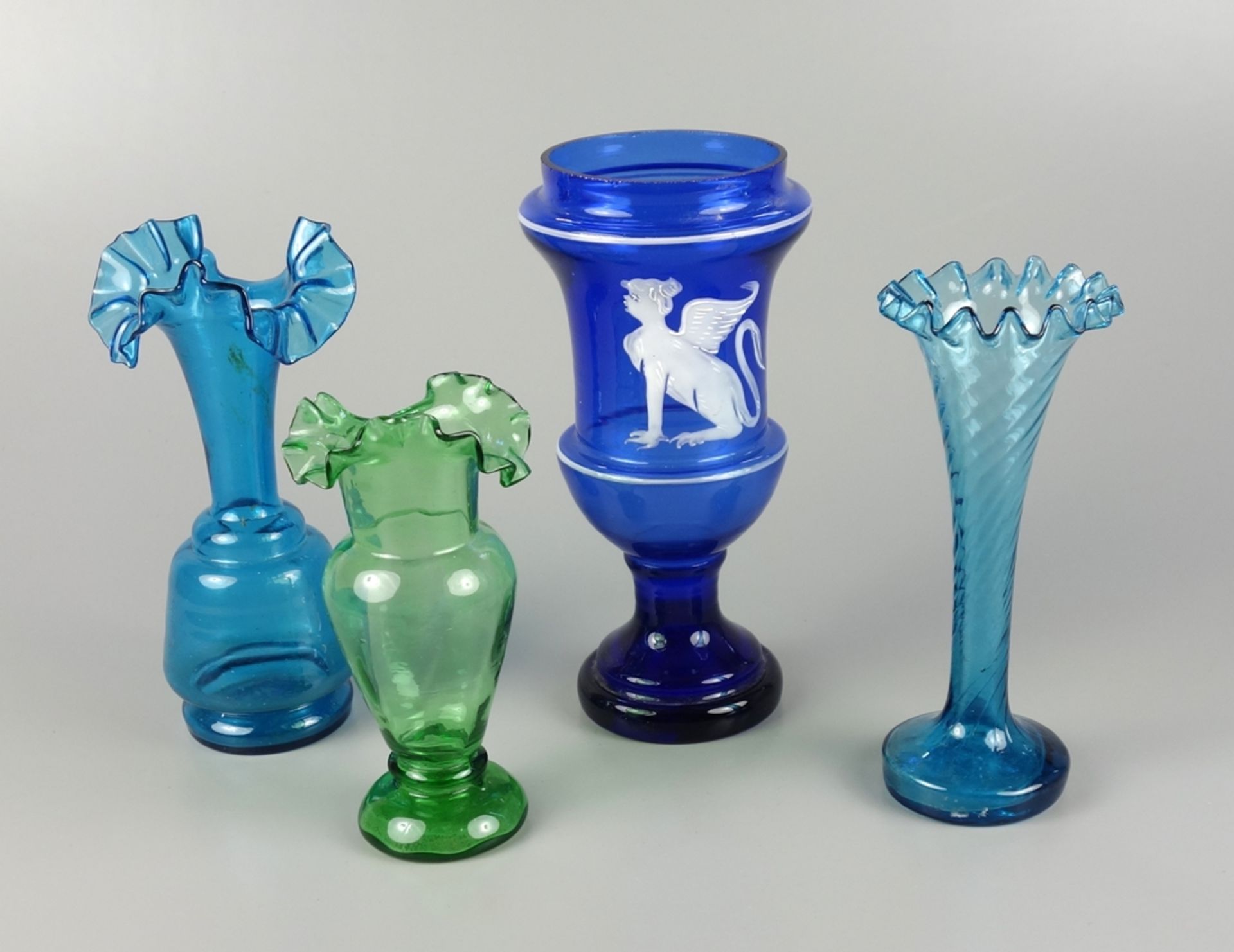 4 vases, mostly with wavy mouth, 1* with enamel painting, c.1890