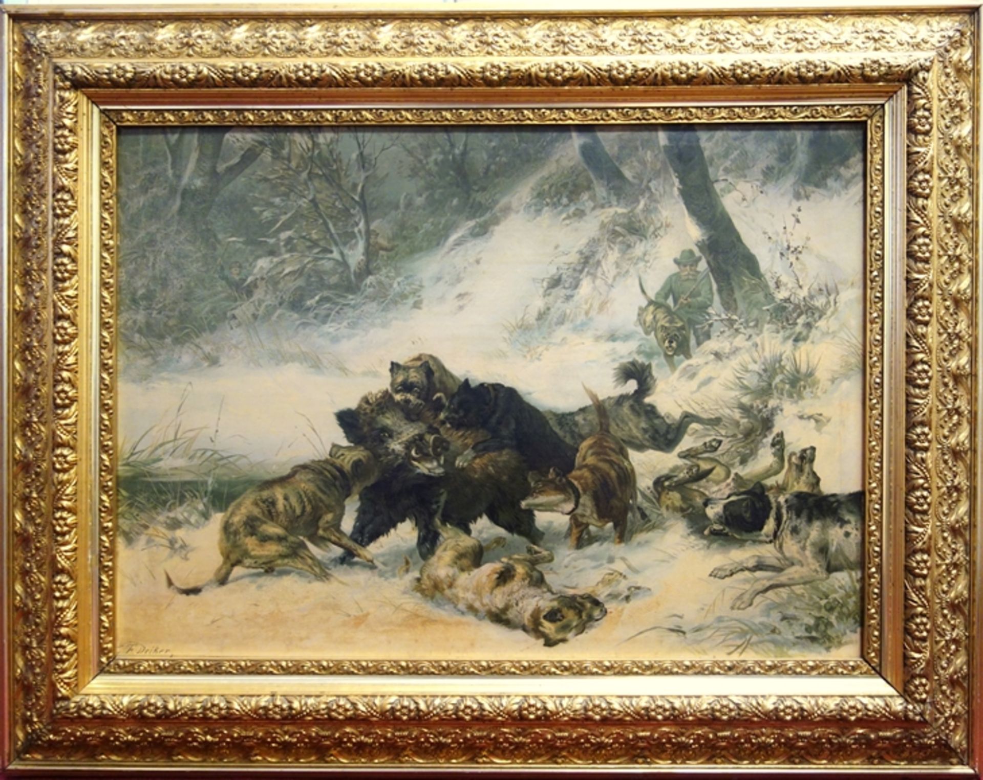 Historicism stucco frame, around 1890, with "Boar hunting" after Carl Friedrich Deiker, oil print; 