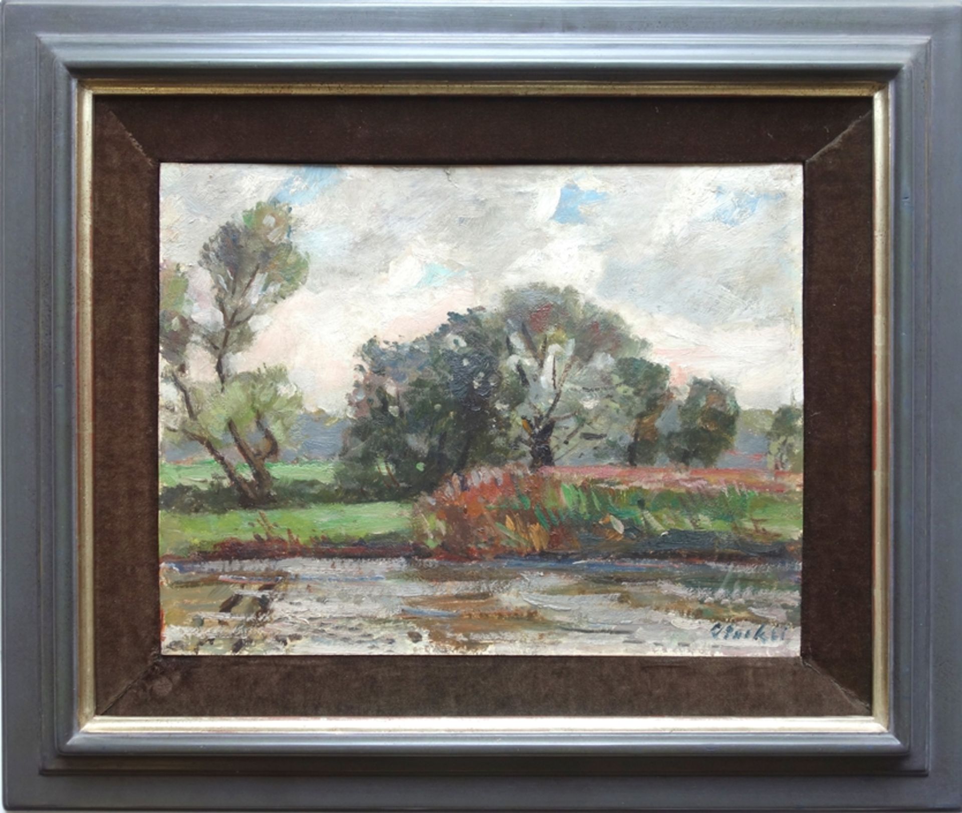 illegibly signed, "Landscape with river course", 1st half 20th century, oil/wood