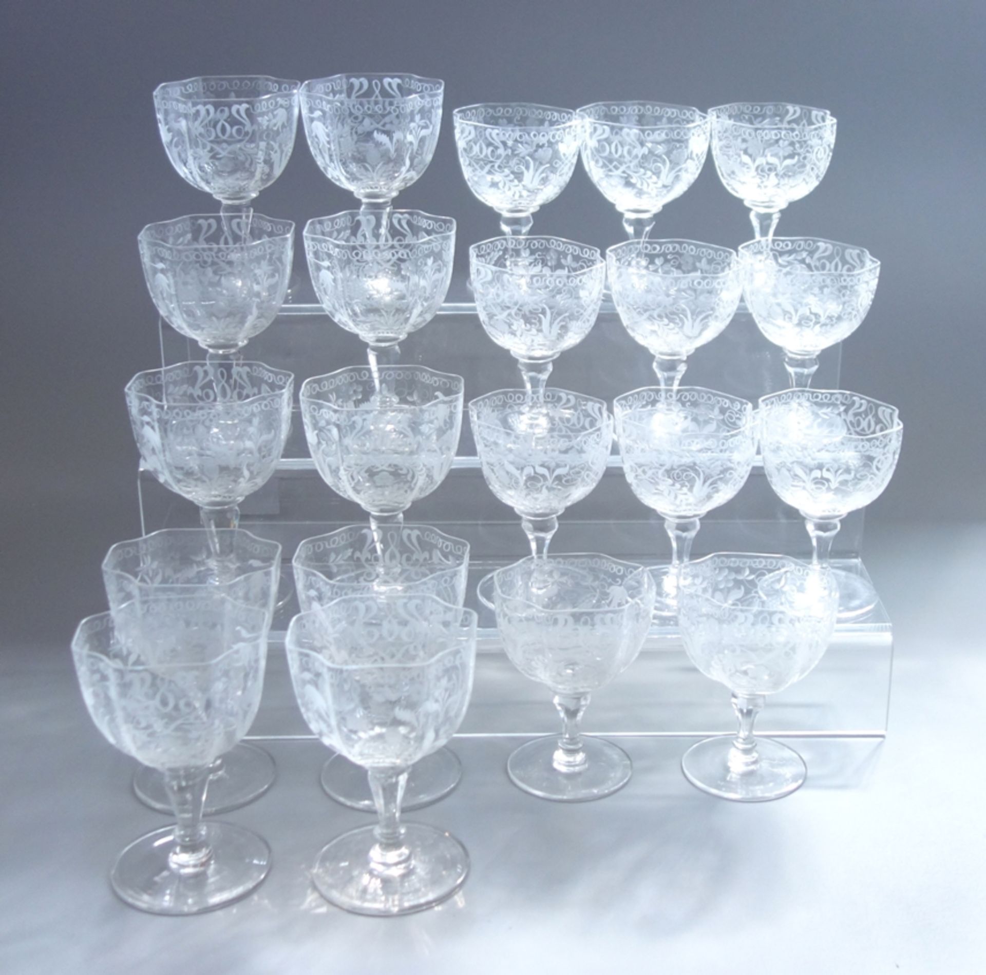 21 high quality wine glasses with delicate floral engraving, 1st half 20th c.