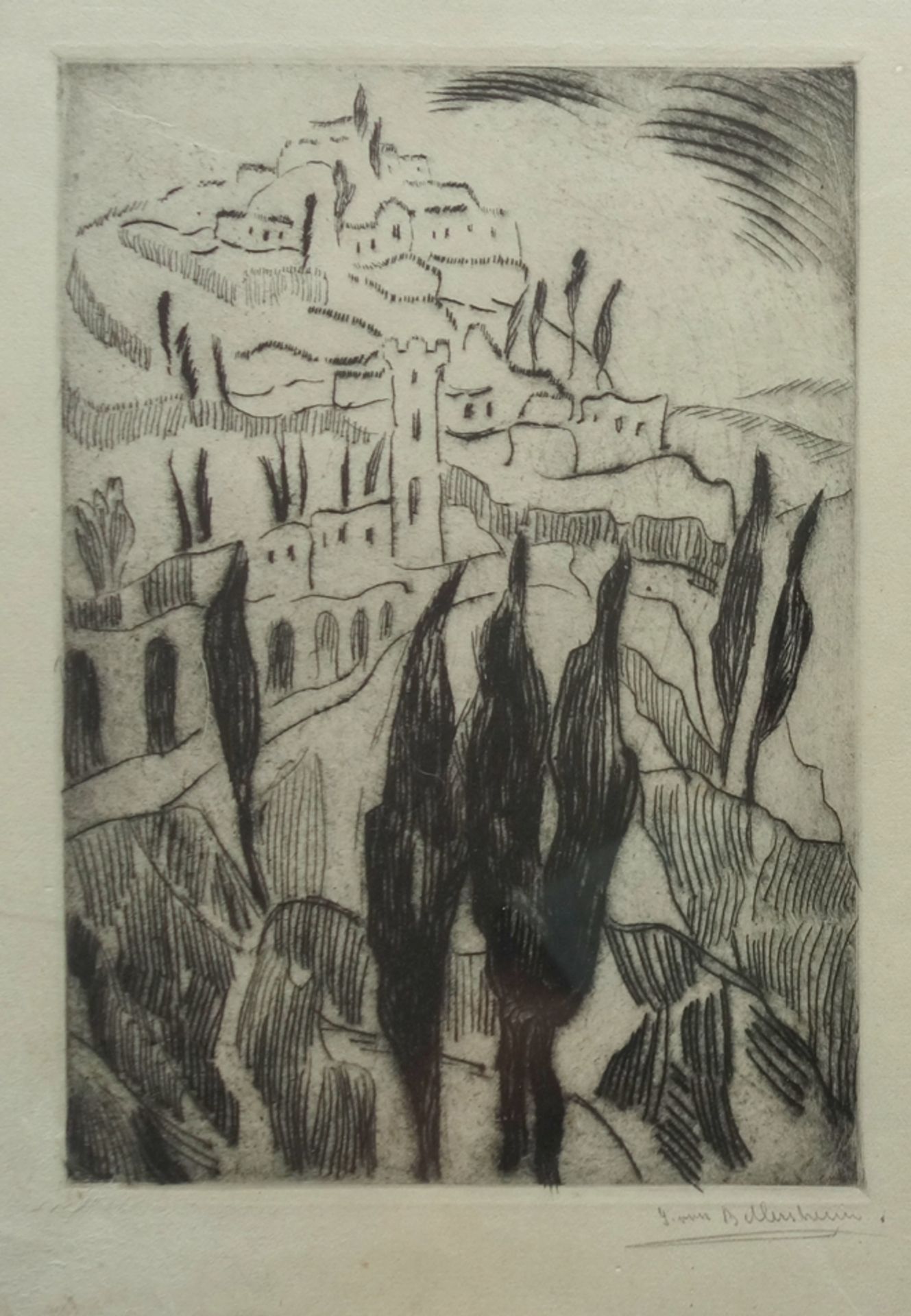 J. von Bellersheim (?), "Mediterranean Landscape", 1930s, etching
