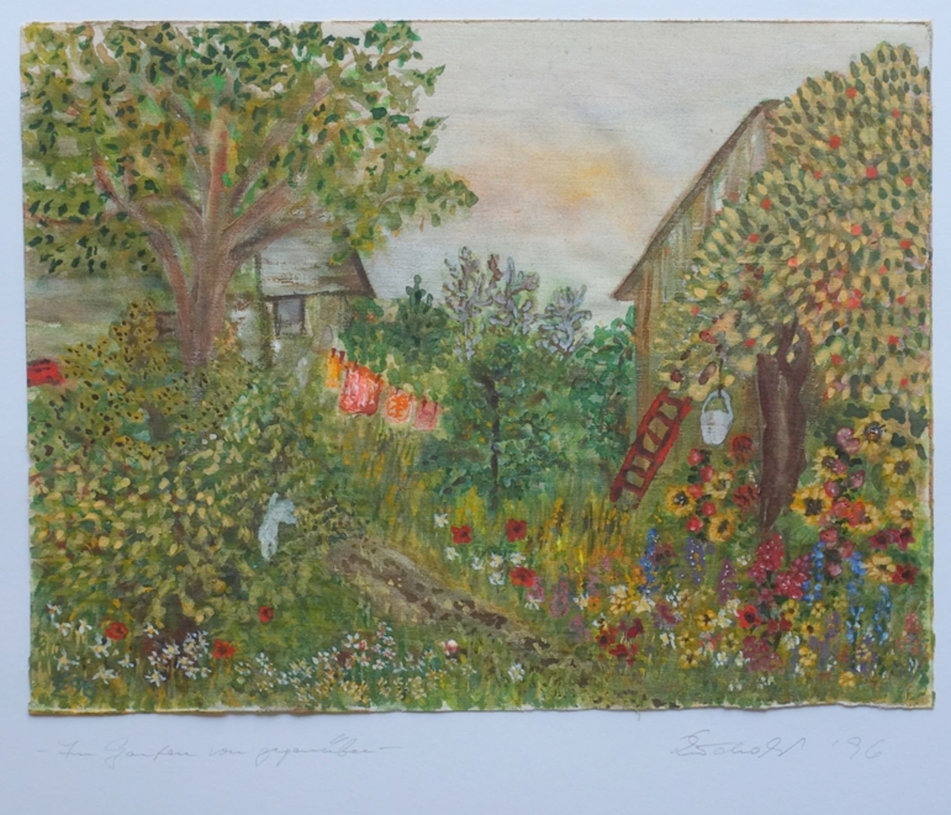 Erika Zuchold (1947, Lucka - 2015, Asunción, PRY), "Im Garten von gegenüber", 1996, Aquarell/Lwd.
