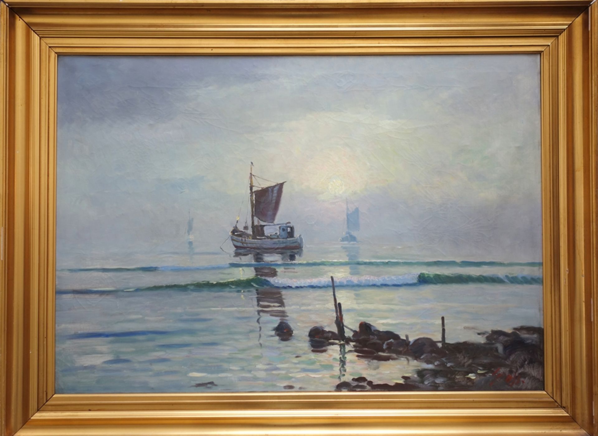 Einar Gross (1895-1962, DK), "Fischerboote im Morgengrauen", Öl/Leinwand - Bild 2 aus 4
