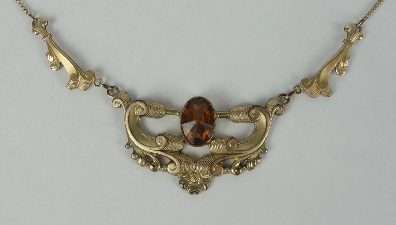 Necklace with citrine coloured stone, gold-plated, costume jewellery