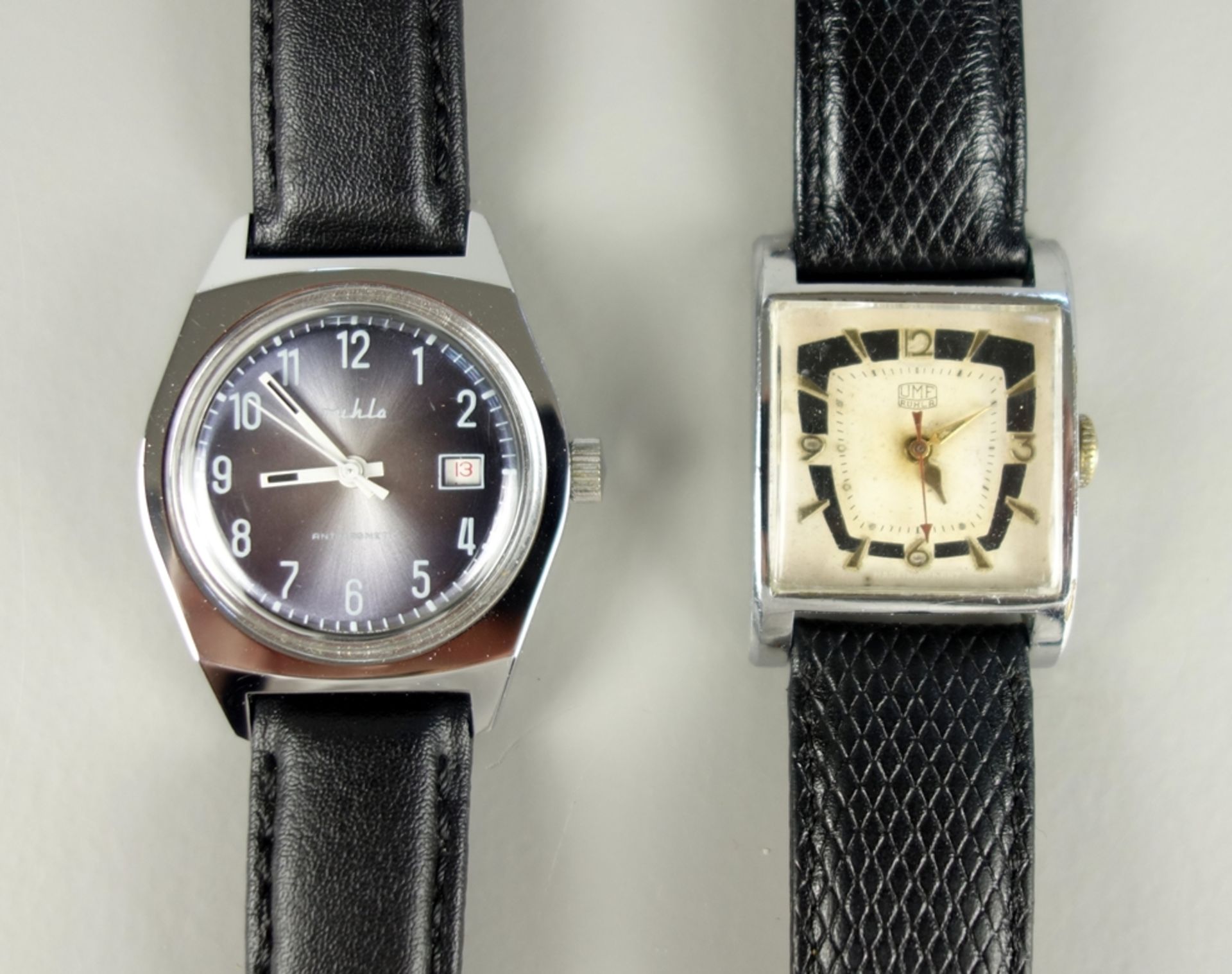 2 Armbanduhren: UMF Kal. M9, um 1960 u. Ruhla, UMF Kal. 24- 42, 1980er Jahre