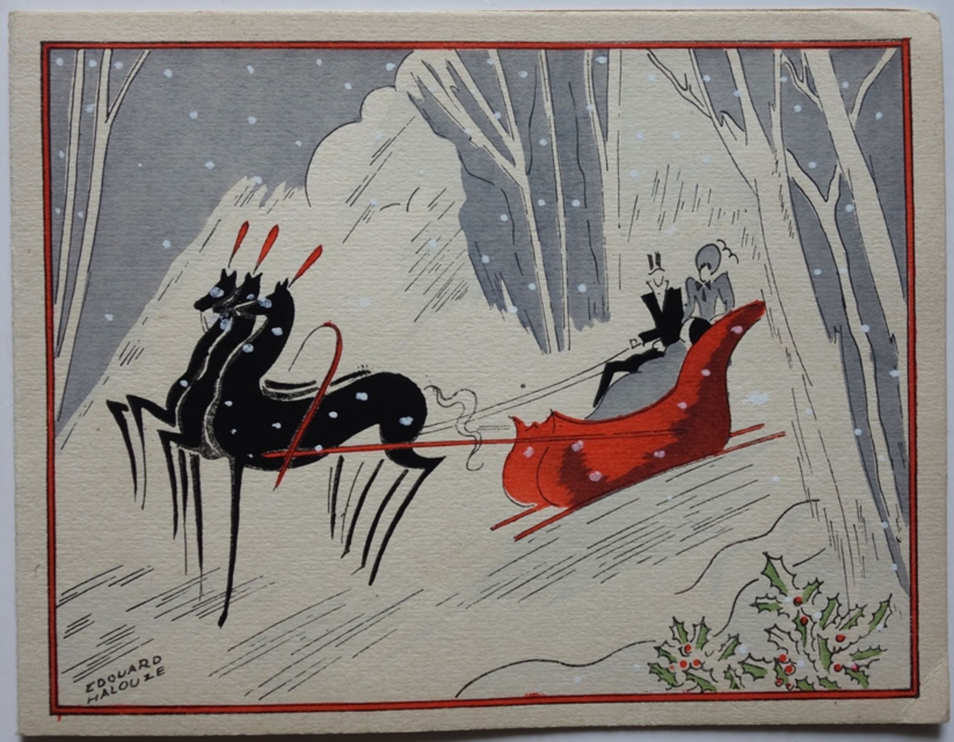 Édouard Halouze (1895-1958, F), "Fishing Ladies" and Christmas card, c. 1920, pochoir colour prints - Image 3 of 3