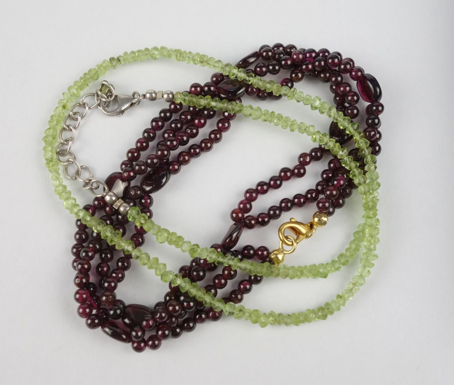 Garnet ball necklace and peridot necklace