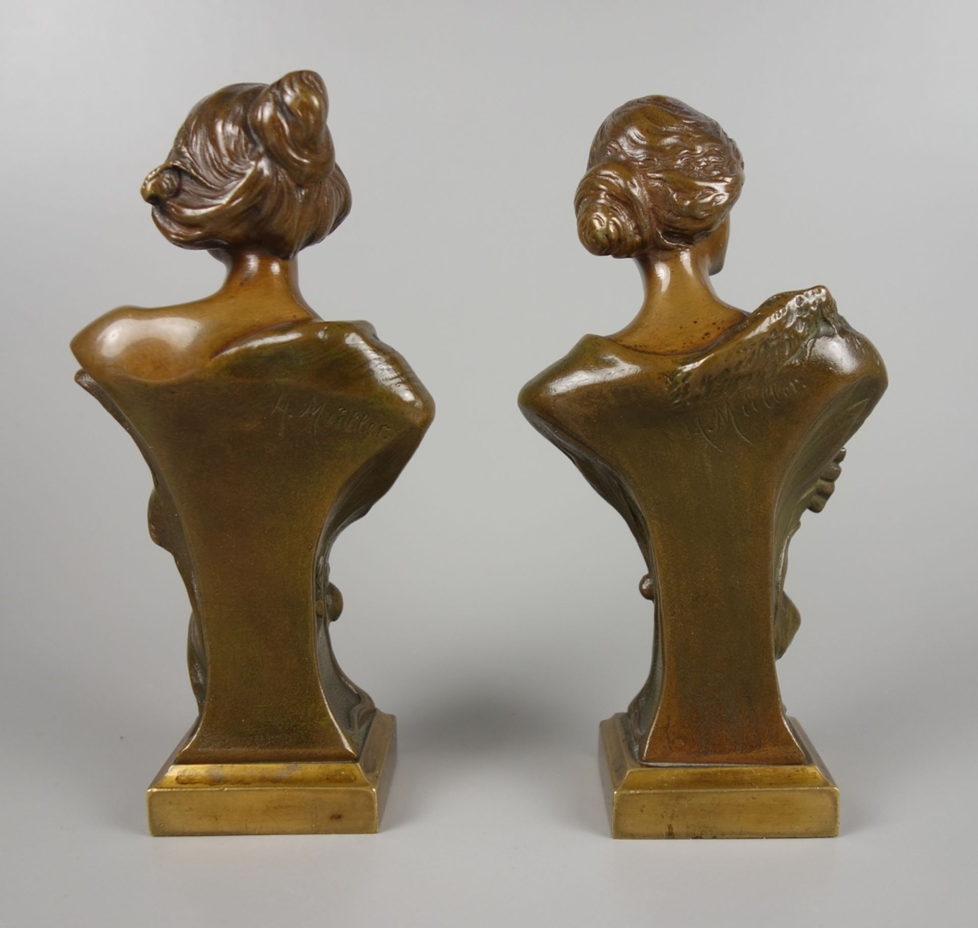 Hans Müller (Vienna 1873-1937), Pair of female busts, bronze, Art Nouveau c. 1910 - Image 3 of 6