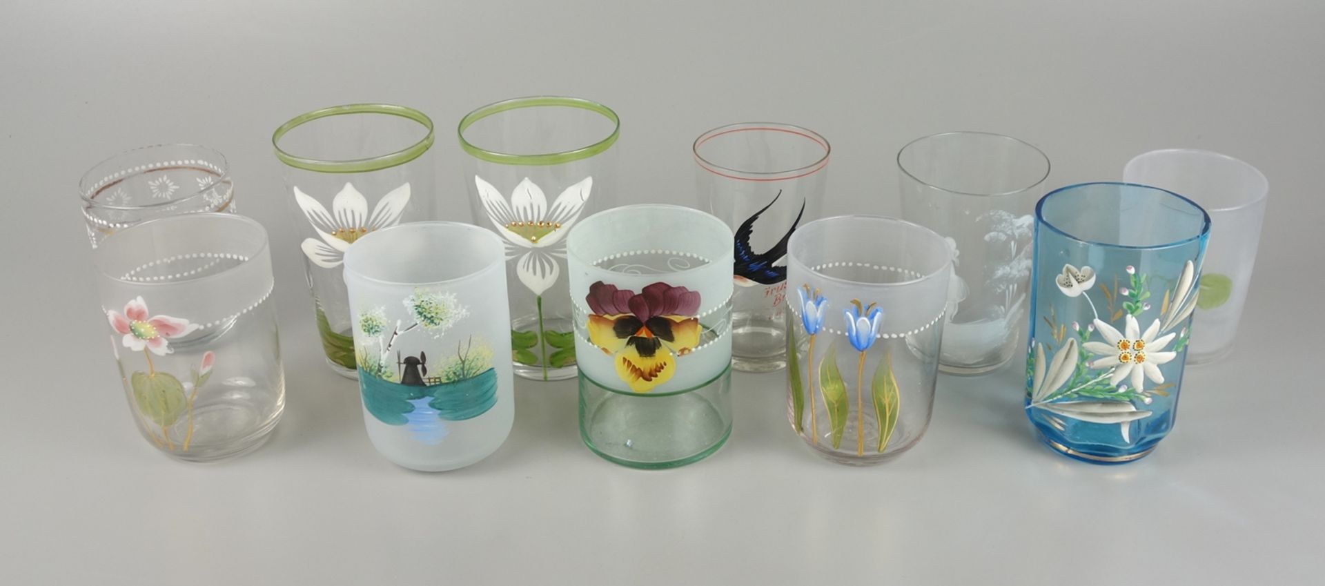 11 glasses with enamel and snow painting, around 1920