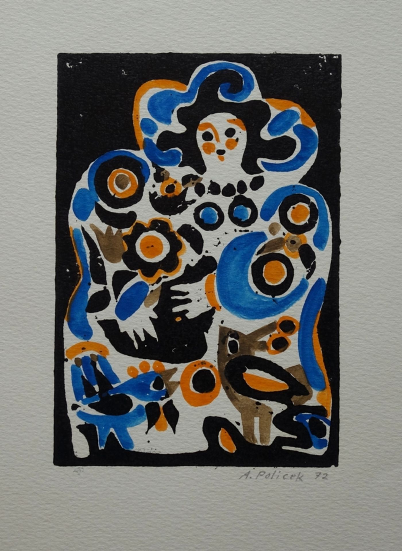 Annedore Policek (*1935, Magdeburg), "Frau mit blauem Vogel", 1972, Linolschnitt/Aquarell