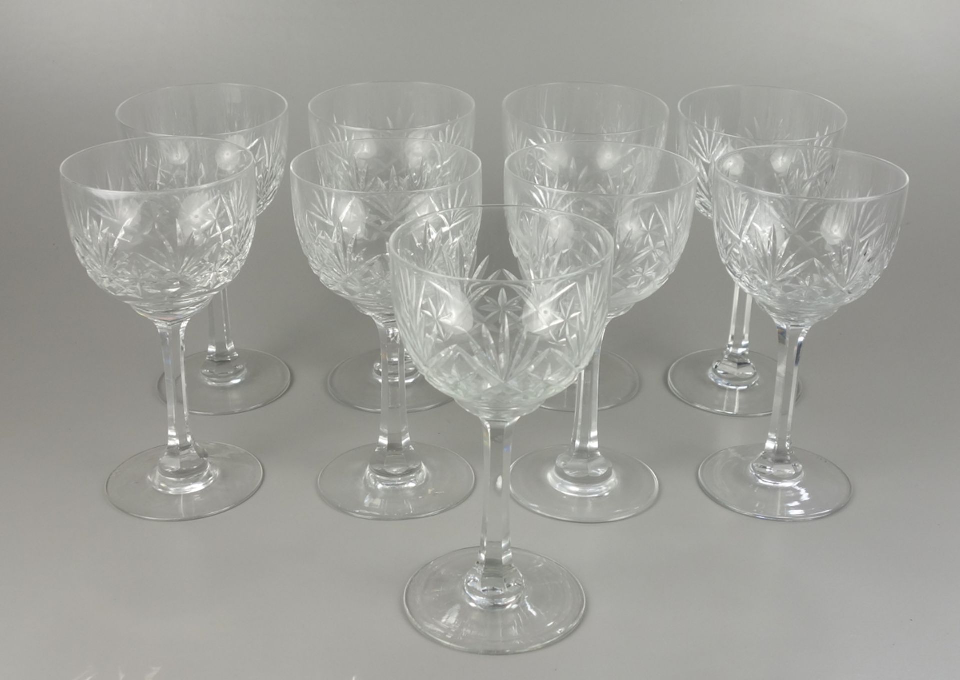 9 Wine glasses with ray cut, crystal, h.16,5cm