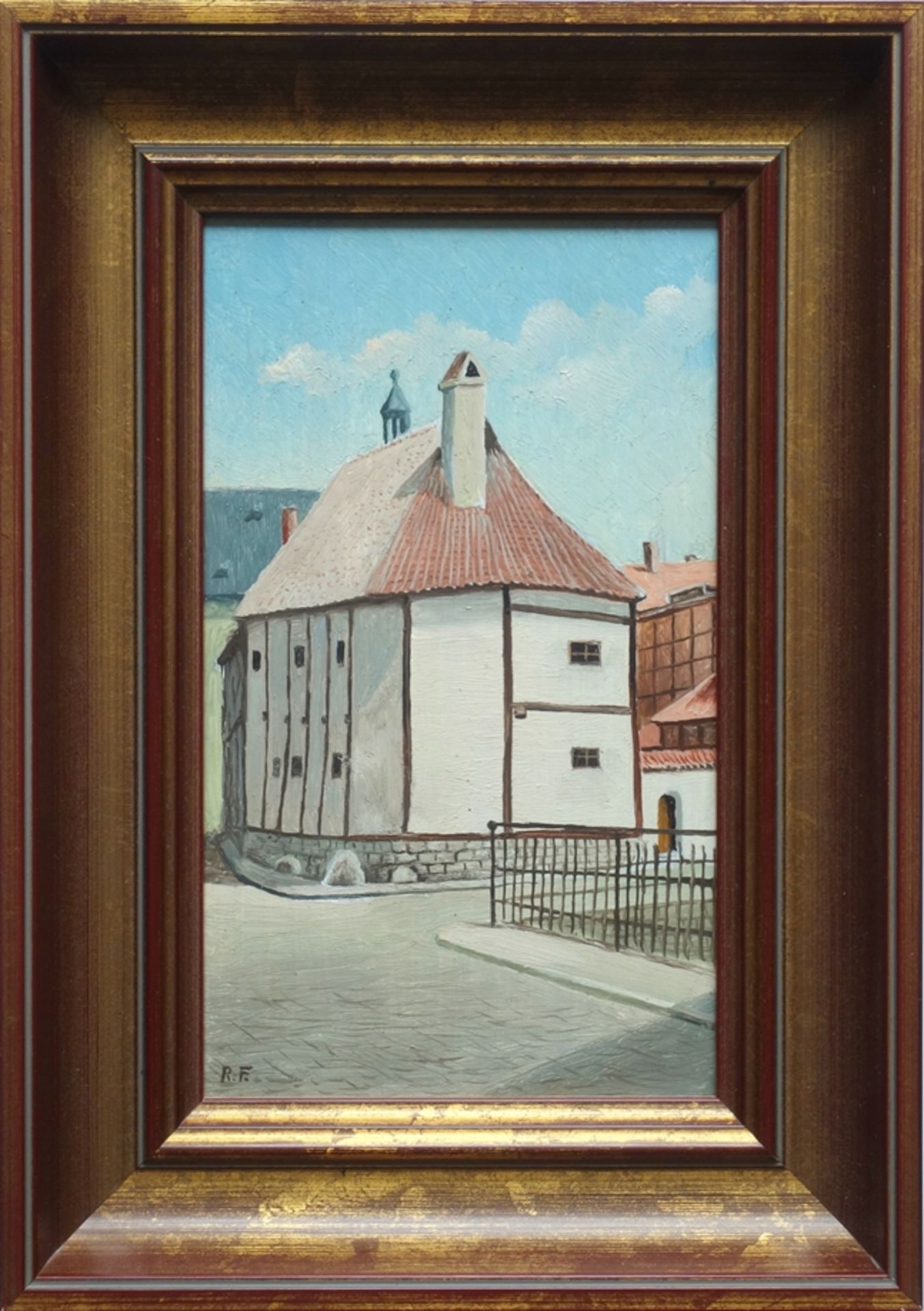 monogr. R.F., "Fachwerkmuseum Ständerbau in Quedlinburg", 2. Hälfte 20. Jh., Öl/Hartfaser