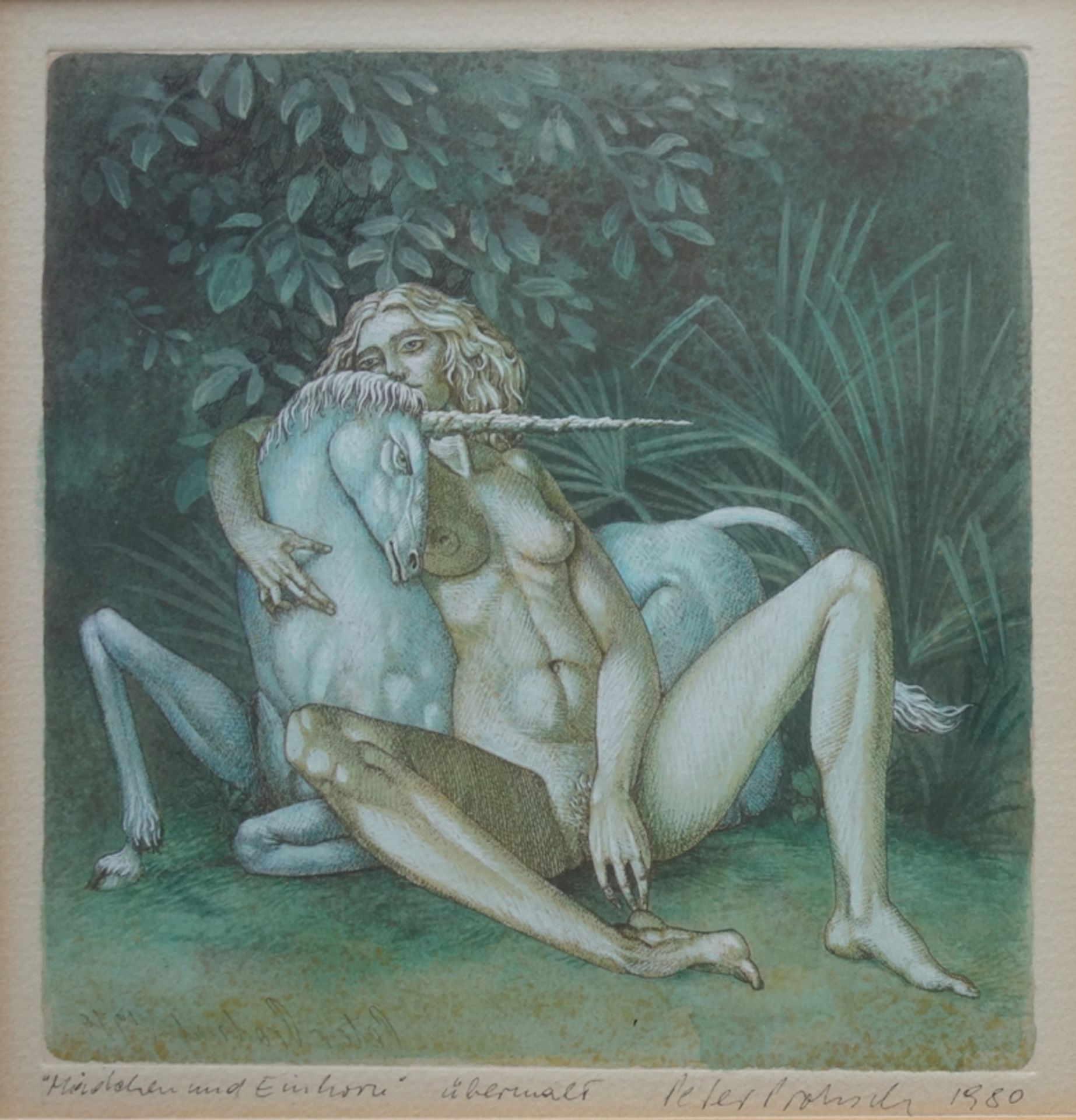 Peter Proksch (1935, Wien - 2012, Wolkersdorf), "Mädchen und Einhorn", 1980, übermalte Radierung