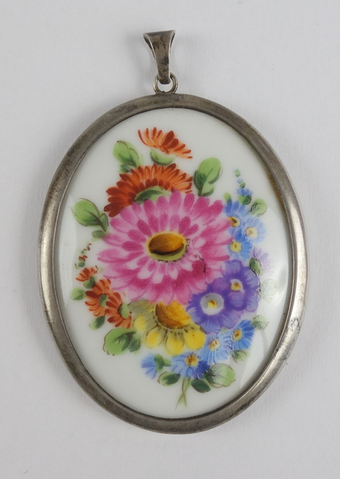 Porcelain pendant with hand painting, 800 silver setting