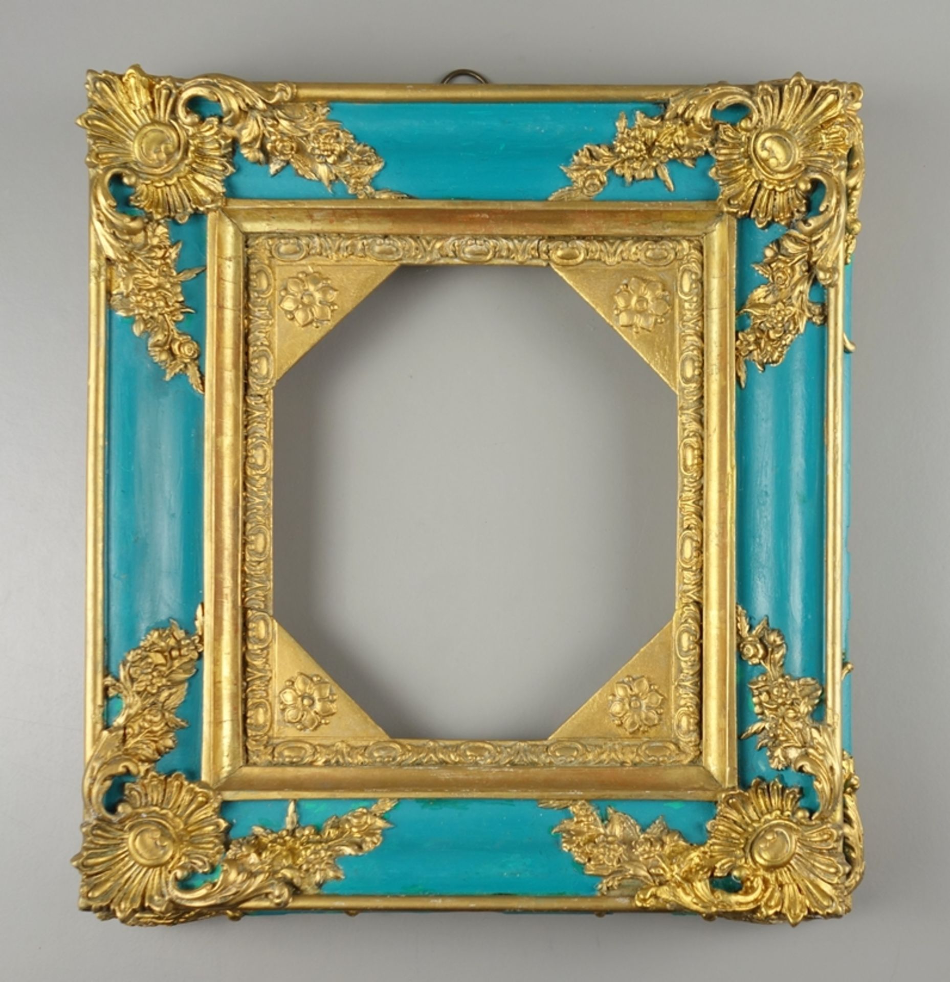 stuccoed historicist frame, turquoise lacquered ground, partly retouched