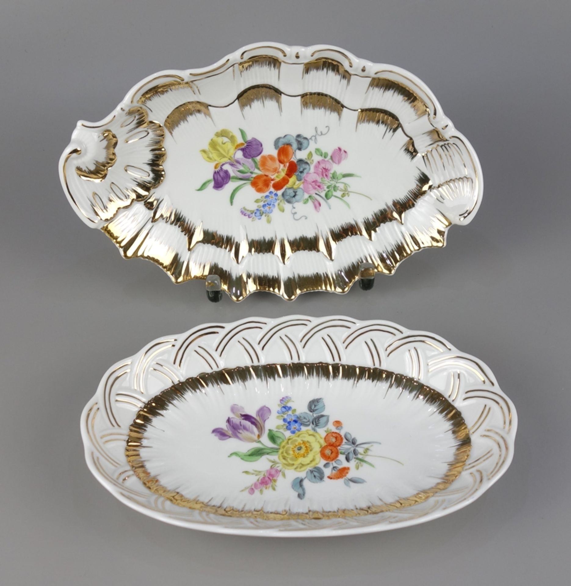 2 bowls with gold decoration and floral painting, Höchster Porzellan, 2nd half 20th cent.