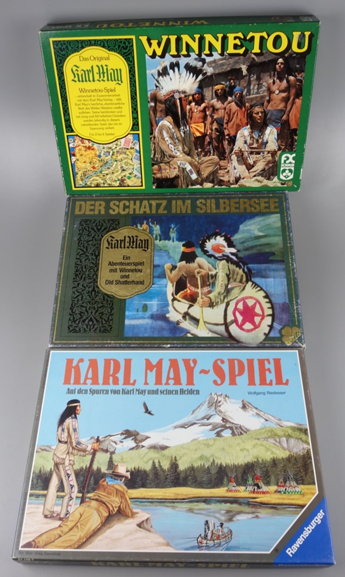 3 Brettspiele / Gesellschaftsspiele Winnetou / Karl May, um 1980/1990