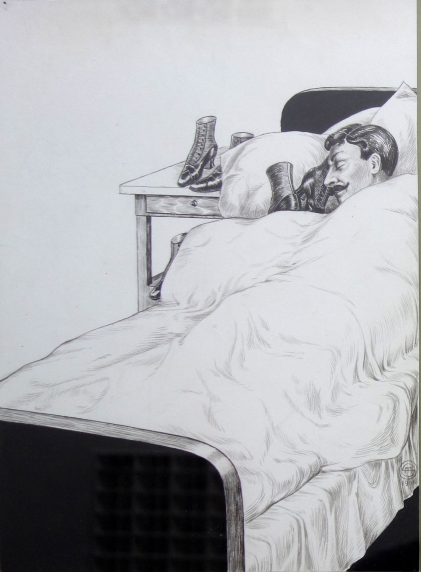 Deutscher Monogrammist des Jugendstils, "Im Schlafzimmer", 1906, Tusche/Papier